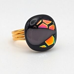 Artisan Handmade glass statement ring purple, dichroic glass gold plate adjustab